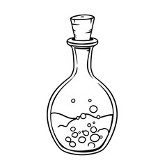 Line Art Illustration of a Glass Bottle with Cork and Bubbling Liquid