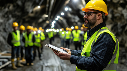 Safety representative stands in dimly lit underground tunnel, holding flashlight and clipboard, addressing group of miners wearing headlamps and yellow hard hats