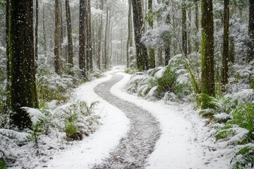 Fototapeta premium Snowy forest trail with soft white ground and falling snow