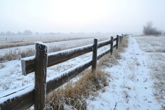 Wooden fence stretching across misty field with dewy grass - Powered by Adobe