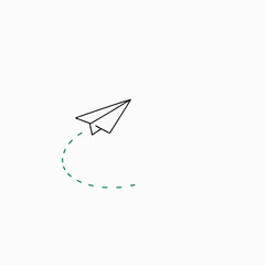Simple Paper Airplane in Flight with Dashed Line Path