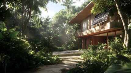 Tropical Villa with Solar Panels Amid Lush Greenery and Sunlight