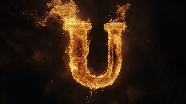 Fiery letter U, burning in dark background, abstract design, graphic element