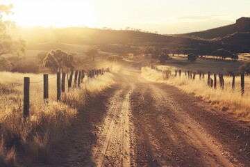 Fototapeta premium Endless outback dirt road with faded fence and heat shimmer