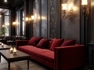 Obraz premium Elegant red sofa illuminating dark cafe interior with lit candles