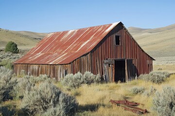 Obraz premium Old barn with corrugated roof and rusted tools in sunlight