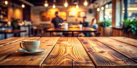 A single cup of coffee on a rustic wooden table in a dimly lit cafe, with blurred background of people and tables