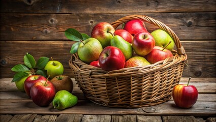 A wicker basket overflowing with vibrant red and green apples and pears, resting on a rustic wooden table, a testament to autumn's bounty.