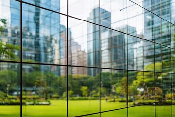 Cityscape reflected in glass panels