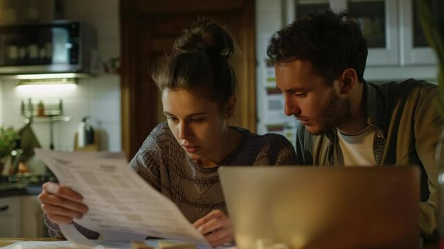 A man and woman are looking at a piece of paper together. The woman is wearing a sweater and the man is wearing a jacket. Scene is one of concern or worry
