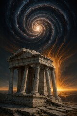 Crumbling Marble Temple with Swirling Cosmic Whirlpool and Fiery Horizon Split in Ancient Landscape

