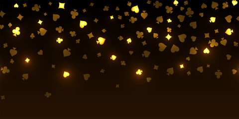Casino background. Falling golden glowing playing cards on black background. Sparkling hearts, clubs, diamonds and spades on dark. Online gambling concept. VIP abstract vector illustration.