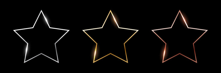 Gold, silver and bronze star frames. Metal thin photo or picture frames isolated on black background. 3d realistic empty template vector illustration set.