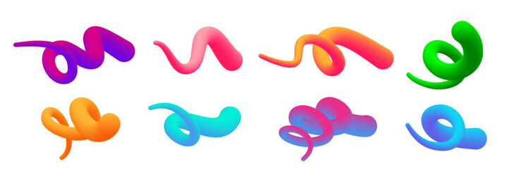 Color gradient lines set. Colorful graphic wavy shapes. Vibrant curved paint lines with smooth transitions. Modern artistic design elements isolated on white. Abstract 3D vector illustration.