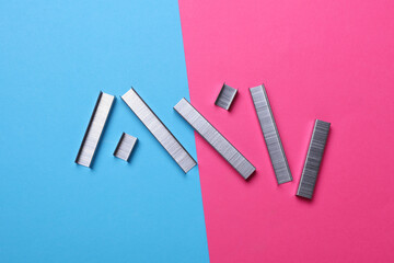 Staples for construction stapler on pink blue background
