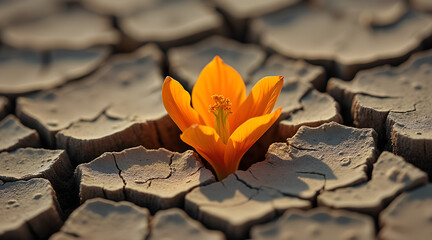  Flower blooming from cracked earth in dry landscape. Concepts: resilience, hope, survival, drought, beauty, nature, environment. Can be used in sustainability campaigns, environmental projects, art.