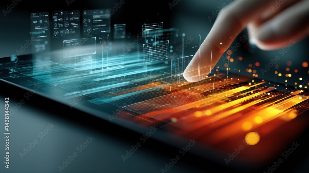Aufkleber Floating UI Elements Appear on a Touchscreen Device as a Finger Interacts With Glowing Digital Graphics in a Modern Setting