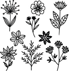 Seamless floral pattern vector wallpaper with vintage flower and leaf silhouettes