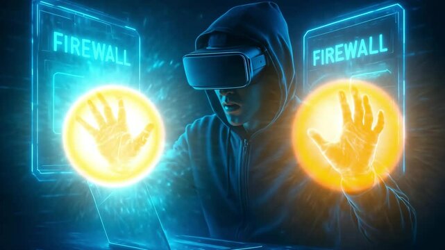 Virtual reality hacker engaging with digital firewalls in a cybersecurity environment