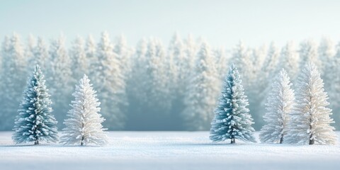 Fototapeta premium This is a tranquil winter scene featuring a group of snow-laden pine trees standing along the edge of a frozen lake. The landscape is bathed in a soft, natural light, highlighting the serenity and