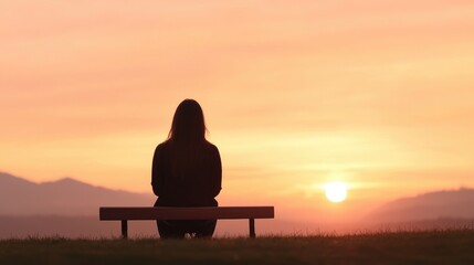 Obraz premium Woman sits on park bench at sunrise