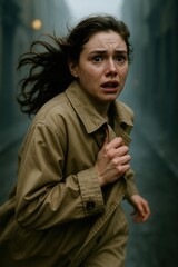 Frightened Girl Running Hard in Fog Alley with Windy Hair and Coat Clutched Firmly

