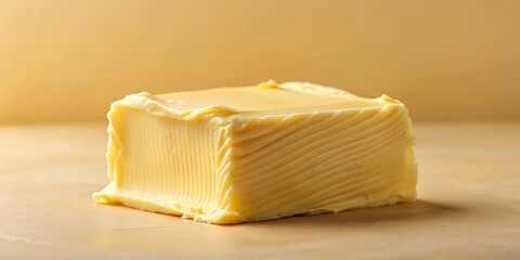A single block of fresh butter with a smooth, creamy texture and intricate swirls, ready for baking or spreading on toast.