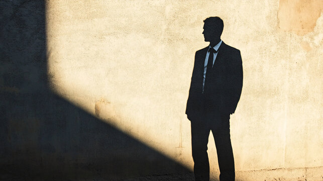 A shadow of a businessman in a suit stands confidently against a textured wall with light. - Powered by Adobe