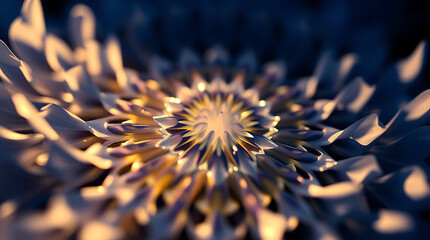  a mesmerizing kaleidoscope of Bluebells flower petals arranged in fractal symmetry, glowing softly against a deep indigo void, subtle prism refractions, created b y generative ai