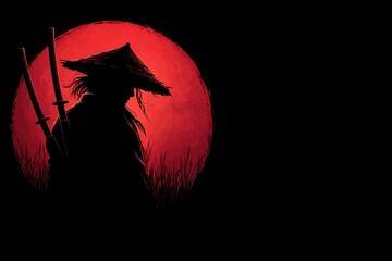A silhouette of a samurai holding two swords in front of a red sun