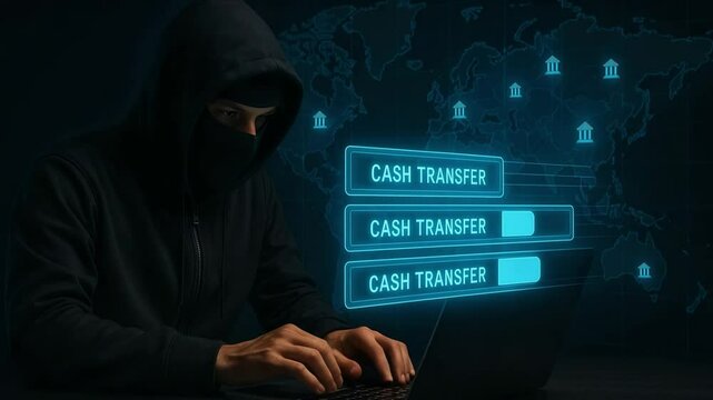 Cyber heist hacker steals money online digital space graphic illustration dark mood
