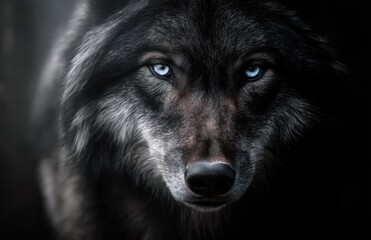  A close up of a wolf's face with blue eyes