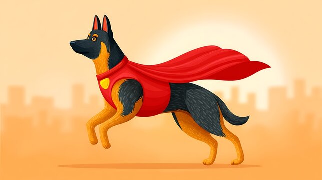 Superhero Dog A canine dressed in cape leaps over city skyline in bright, cheerful, cartoon illustration style