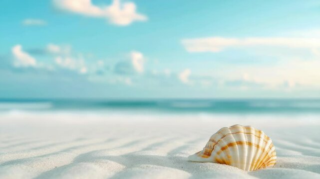 A seashell is laying on the sand at the beach. The sky is blue and the ocean is calm