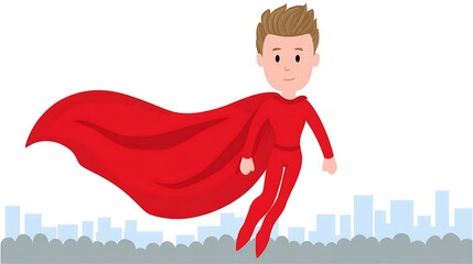 Flying superhero. Man in red suit and cape soars above a stylized cityscape with simple blue buildings
