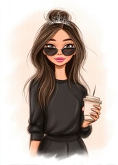 A drawing of a girl holding a cup of coffee