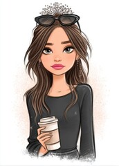 A girl with a crown and sunglasses holding a cup of coffee