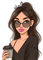 A woman wearing sunglasses and a tia holding a cup of coffee