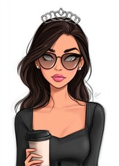 A woman wearing glasses and a tia holding a cup of coffee