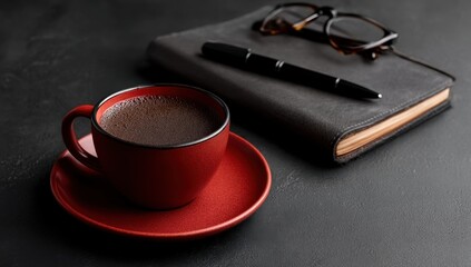 A cup of coffee and a notebook on a table