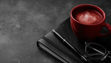 A cup of coffee and a pen on top of a notebook