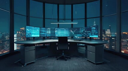 Nighttime high-rise office floor to ceiling windows, dual computer monitors displaying live stock tickers, bar charts, volume histograms, city lights glossy surfaces, cinematic moody lighting, 4K - Powered by Adobe