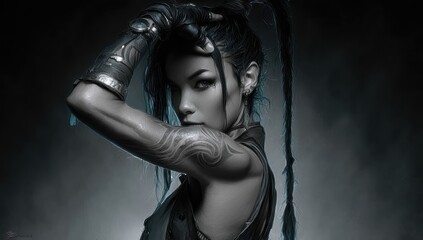 A woman with long black hair and a tattoo on her arm