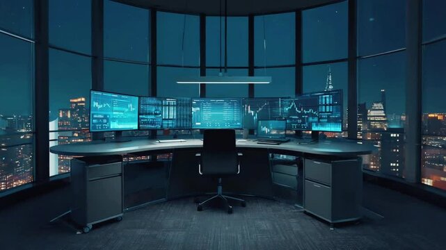 Nighttime high-rise office floor to ceiling windows, dual computer monitors displaying live stock tickers, bar charts, volume histograms, city lights glossy surfaces, cinematic moody lighting, 4K - Powered by Adobe