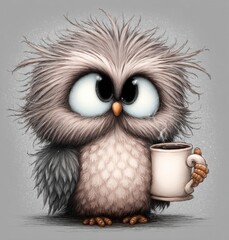 A cartoon owl holding a cup of coffee
