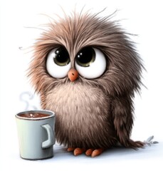 A brown owl sitting next to a cup of coffee
