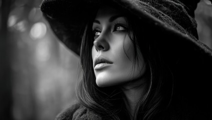 A black and white photo of a woman wearing a witches hat