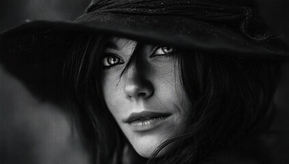 A black and white photo of a woman wearing a hat