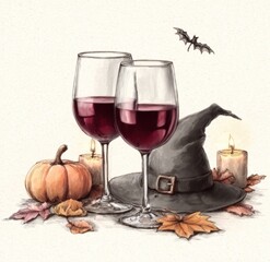 Two glasses of red wine with a witch hat and a pumpkin