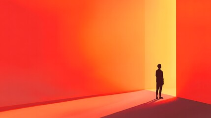 Radiant Dawn: A lone figure stands at the cusp of a vivid, sunlit corridor, the ambiance radiating potential and an optimistic outlook. 